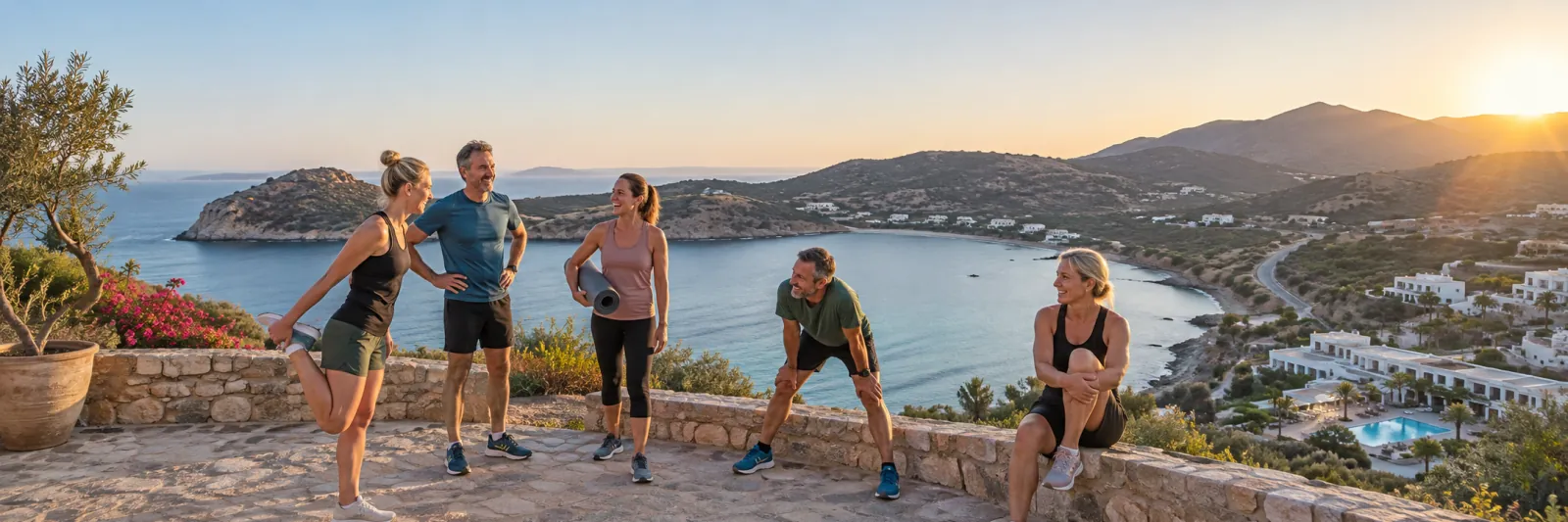 Fem personer värmer upp på en terrass ovanför en vik i soluppgången, med ett sporthotell nedanför