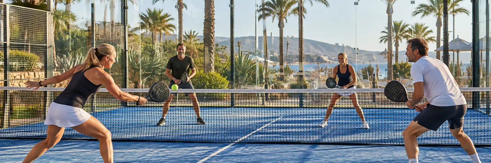 Dubbelmatch i padel på en utomhusbana vid ett sporthotell