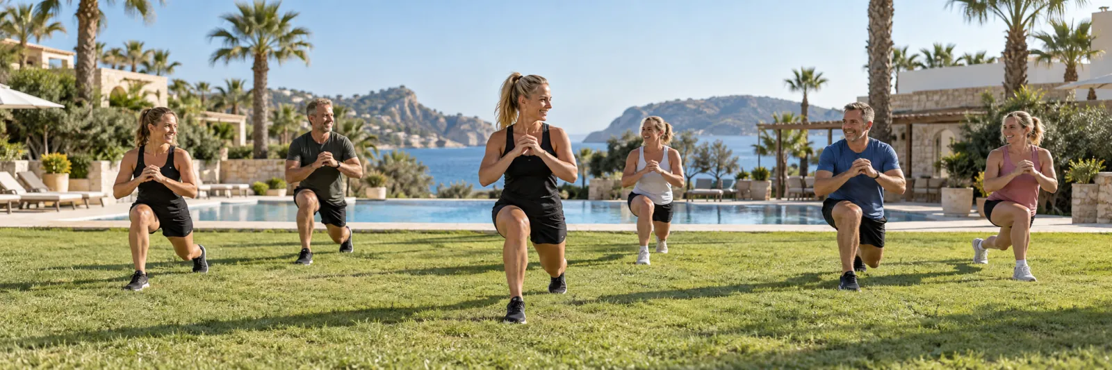 Gruppträning utomhus vid poolen på ett sporthotell