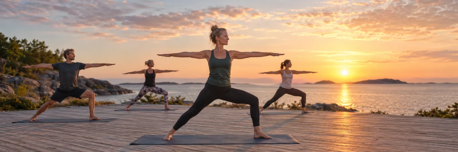 Yoga på ett trädäck vid havet i soluppgången